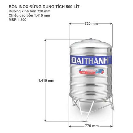 Bồn nước inox 500L Đứng SUS 304 Đại Thành